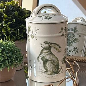 New! Vintage Inspired French Toile Floral Green Rabbit Ceramic Storage Canister